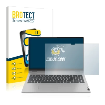 Parte frontal de un envase de producto con el logotipo de la marca BROTECT. Al lado se muestra el dispositivo Lenovo IdeaPad F