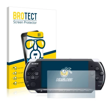 Parte frontal de un envase de producto con el logotipo de la marca BROTECT. Al lado se muestra el dispositivo Sony PSP 3003 co