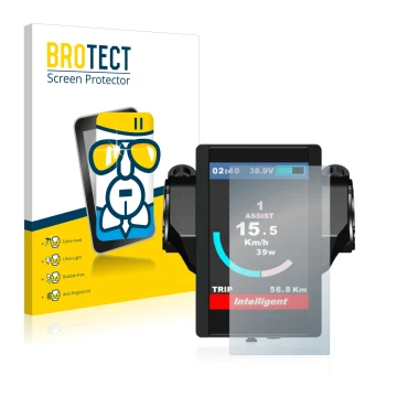 Parte frontal de un envase de producto con el logotipo de la marca BROTECT. Al lado se muestra el dispositivo Bafang 850c con 