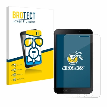 Parte frontal de un envase de producto con el logotipo de la marca BROTECT. Al lado se muestra el dispositivo Samsung Galaxy T