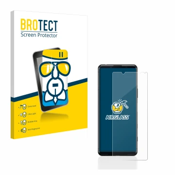 Parte frontal de un envase de producto con el logotipo de la marca BROTECT. Al lado se muestra el dispositivo Sony Xperia 5 II