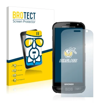 Parte frontal de un envase de producto con el logotipo de la marca BROTECT. Al lado se muestra el dispositivo Brondi Amico con