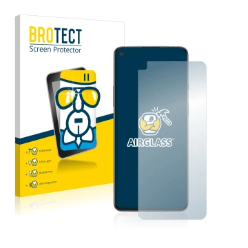 Parte frontal de un envase de producto con el logotipo de la marca BROTECT. Al lado se muestra el dispositivo OnePlus 8T con s