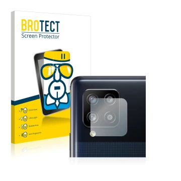 Parte frontal de un envase de producto con el logotipo de la marca BROTECT. Al lado se muestra el dispositivo Samsung Galaxy A