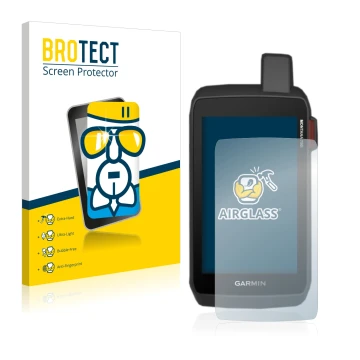 Parte frontal de un envase de producto con el logotipo de la marca BROTECT. Al lado se muestra el dispositivo Garmin Montana 7