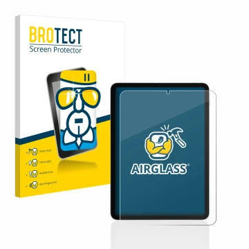 Parte frontal de un envase de producto con el logotipo de la marca BROTECT. Al lado se muestra el dispositivo Apple iPad Air 4