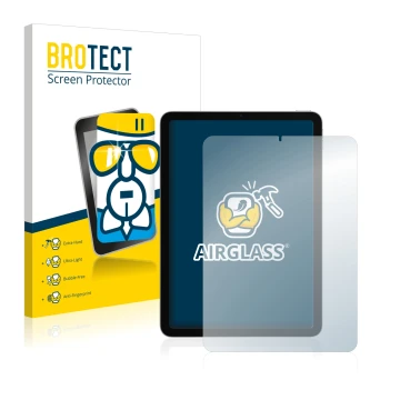 Parte frontal de un envase de producto con el logotipo de la marca BROTECT. Al lado se muestra el dispositivo Apple iPad Air 4