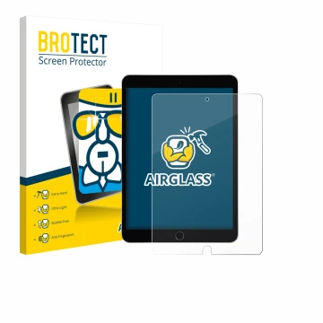 Parte frontal de un envase de producto con el logotipo de la marca BROTECT. Al lado se muestra el dispositivo Apple iPad 10.2