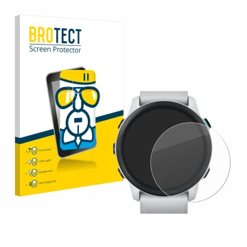 Parte frontal de un envase de producto con el logotipo de la marca BROTECT. Al lado se muestra el dispositivo Garmin Forerunne