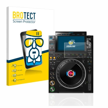 Parte frontal de un envase de producto con el logotipo de la marca BROTECT. Al lado se muestra el dispositivo Pioneer CDJ 3000