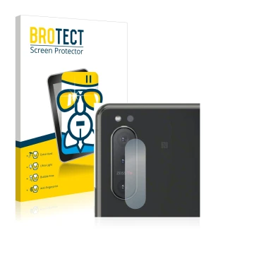 Parte frontal de un envase de producto con el logotipo de la marca BROTECT. Al lado se muestra el dispositivo Sony Xperia 5 II