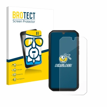 Parte frontal de un envase de producto con el logotipo de la marca BROTECT. Al lado se muestra el dispositivo Blackview BV9900