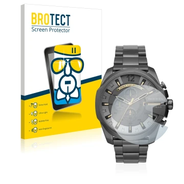 Parte frontal de un envase de producto con el logotipo de la marca BROTECT. Al lado se muestra el dispositivo Diesel Chronogra