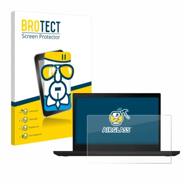 Parte frontal de un envase de producto con el logotipo de la marca BROTECT. Al lado se muestra el dispositivo Lenovo ThinkPad 