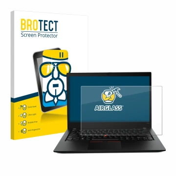 Parte frontal de un envase de producto con el logotipo de la marca BROTECT. Al lado se muestra el dispositivo Lenovo ThinkPad 