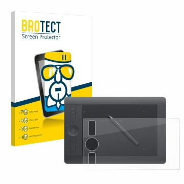 Parte frontal de un envase de producto con el logotipo de la marca BROTECT. Al lado se muestra el dispositivo Wacom Intuos Pro