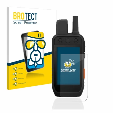 Parte frontal de un envase de producto con el logotipo de la marca BROTECT. Al lado se muestra el dispositivo Garmin Alpha 200