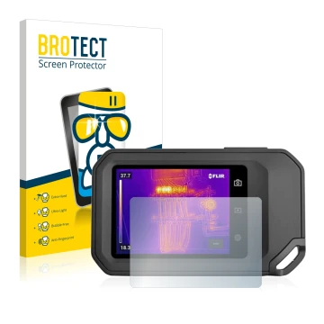 Parte frontal de un envase de producto con el logotipo de la marca BROTECT. Al lado se muestra el dispositivo Flir C5 con su p