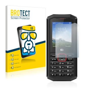 Parte frontal de un envase de producto con el logotipo de la marca BROTECT. Al lado se muestra el dispositivo Crosscall Spider