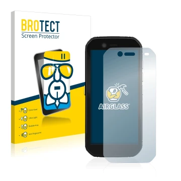 Parte frontal de un envase de producto con el logotipo de la marca BROTECT. Al lado se muestra el dispositivo Caterpillar Cat 