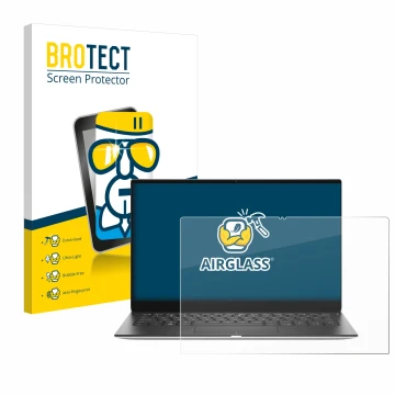 Parte frontal de un envase de producto con el logotipo de la marca BROTECT. Al lado se muestra el dispositivo Dell XPS 13 9310