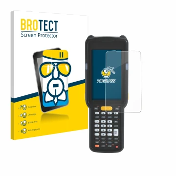 Parte frontal de un envase de producto con el logotipo de la marca BROTECT. Al lado se muestra el dispositivo Zebra MC330L con