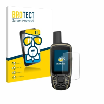 Parte frontal de un envase de producto con el logotipo de la marca BROTECT. Al lado se muestra el dispositivo Garmin GPSMAP 65