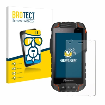 Parte frontal de un envase de producto con el logotipo de la marca BROTECT. Al lado se muestra el dispositivo i.safe MOBILE IS