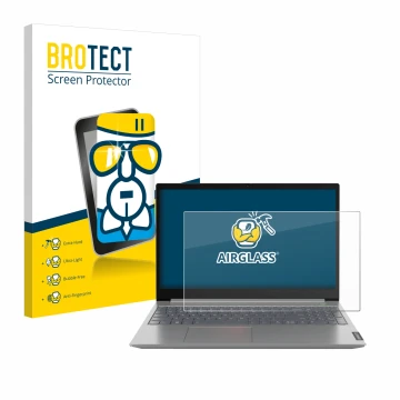 Parte frontal de un envase de producto con el logotipo de la marca BROTECT. Al lado se muestra el dispositivo Lenovo ThinkBook