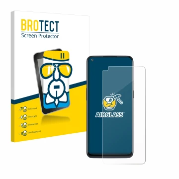 Parte frontal de un envase de producto con el logotipo de la marca BROTECT. Al lado se muestra el dispositivo OnePlus Nord N10