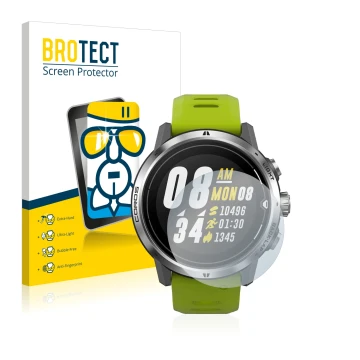 Parte frontal de un envase de producto con el logotipo de la marca BROTECT. Al lado se muestra el dispositivo Coros Apex Pro c