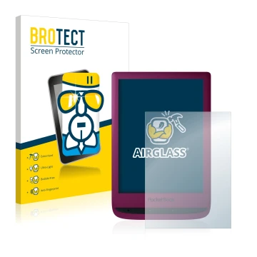 Parte frontal de un envase de producto con el logotipo de la marca BROTECT. Al lado se muestra el dispositivo PocketBook Touch