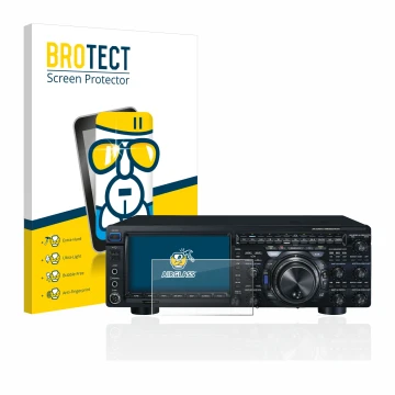 Parte frontal de un envase de producto con el logotipo de la marca BROTECT. Al lado se muestra el dispositivo Yaesu FT-DX101D 