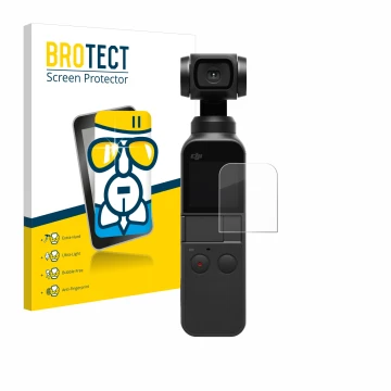 Parte frontal de un envase de producto con el logotipo de la marca BROTECT. Al lado se muestra el dispositivo DJI Osmo Pocket 