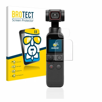 Parte frontal de un envase de producto con el logotipo de la marca BROTECT. Al lado se muestra el dispositivo DJI Osmo Pocket 