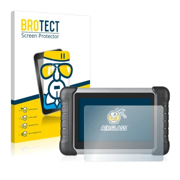 Parte frontal de un envase de producto con el logotipo de la marca BROTECT. Al lado se muestra el dispositivo Autel MaxiCOM MK