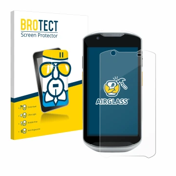 Parte frontal de un envase de producto con el logotipo de la marca BROTECT. Al lado se muestra el dispositivo Zebra TC57x con 