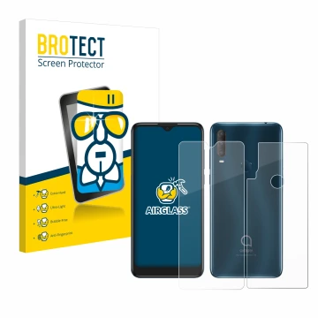 Parte frontal de un envase de producto con el logotipo de la marca BROTECT. Al lado se muestra el dispositivo Alcatel 1S 2020 