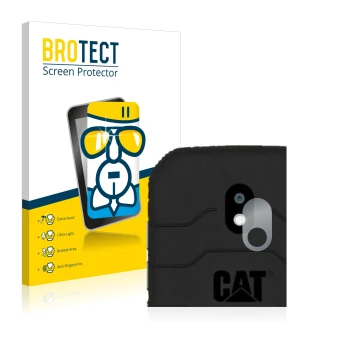 Parte frontal de un envase de producto con el logotipo de la marca BROTECT. Al lado se muestra el dispositivo Caterpillar Cat 