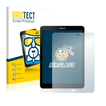 Parte frontal de un envase de producto con el logotipo de la marca BROTECT. Al lado se muestra el dispositivo Samsung Galaxy T