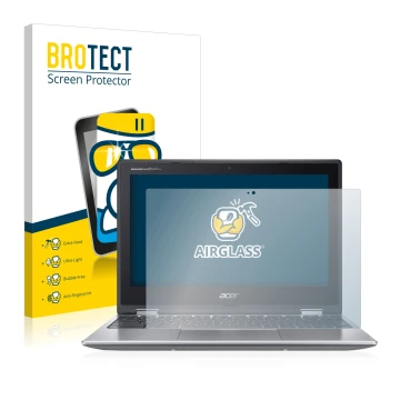 Parte frontal de un envase de producto con el logotipo de la marca BROTECT. Al lado se muestra el dispositivo Acer Chromebook 