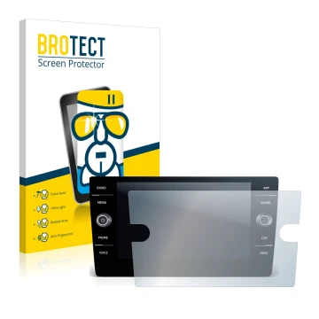 Parte frontal de un envase de producto con el logotipo de la marca BROTECT. Al lado se muestra el dispositivo Volkswagen T-Roc