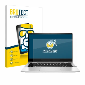 Parte frontal de un envase de producto con el logotipo de la marca BROTECT. Al lado se muestra el dispositivo HP EliteBook x36