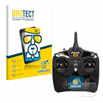 Parte frontal de un envase de producto con el logotipo de la marca BROTECT. Al lado se muestra el dispositivo Spektrum NX10 co