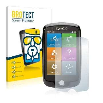 Parte frontal de un envase de producto con el logotipo de la marca BROTECT. Al lado se muestra el dispositivo Mio Cyclo 210 co
