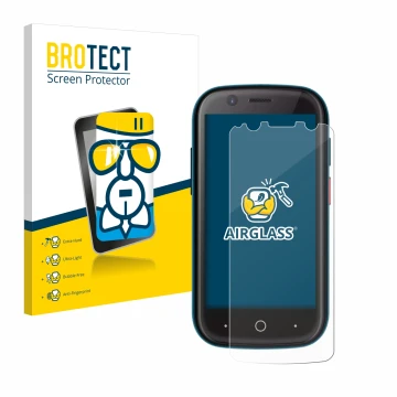 Parte frontal de un envase de producto con el logotipo de la marca BROTECT. Al lado se muestra el dispositivo Unihertz Jelly 2