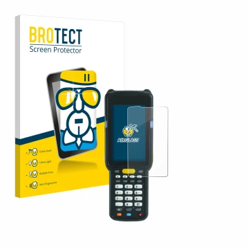 Parte frontal de un envase de producto con el logotipo de la marca BROTECT. Al lado se muestra el dispositivo Zebra MC3300X co