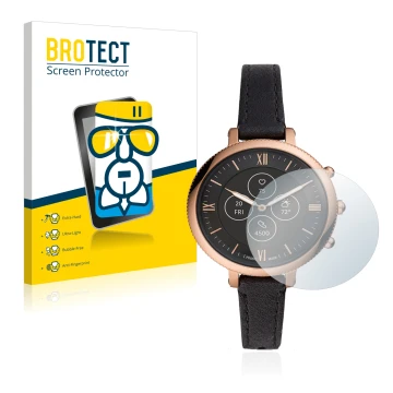 Parte frontal de un envase de producto con el logotipo de la marca BROTECT. Al lado se muestra el dispositivo Fossil Monroe Hy