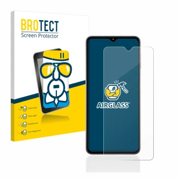 Parte frontal de un envase de producto con el logotipo de la marca BROTECT. Al lado se muestra el dispositivo Samsung Galaxy A
