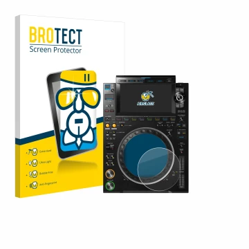 Parte frontal de un envase de producto con el logotipo de la marca BROTECT. Al lado se muestra el dispositivo Pioneer CDJ 3000